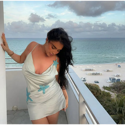 Prined Casual Women Star Mini Dress Fashion Sling Sleeveless Backless Pleat High Waist Robe 2025 New Female Beach Vacation Wear