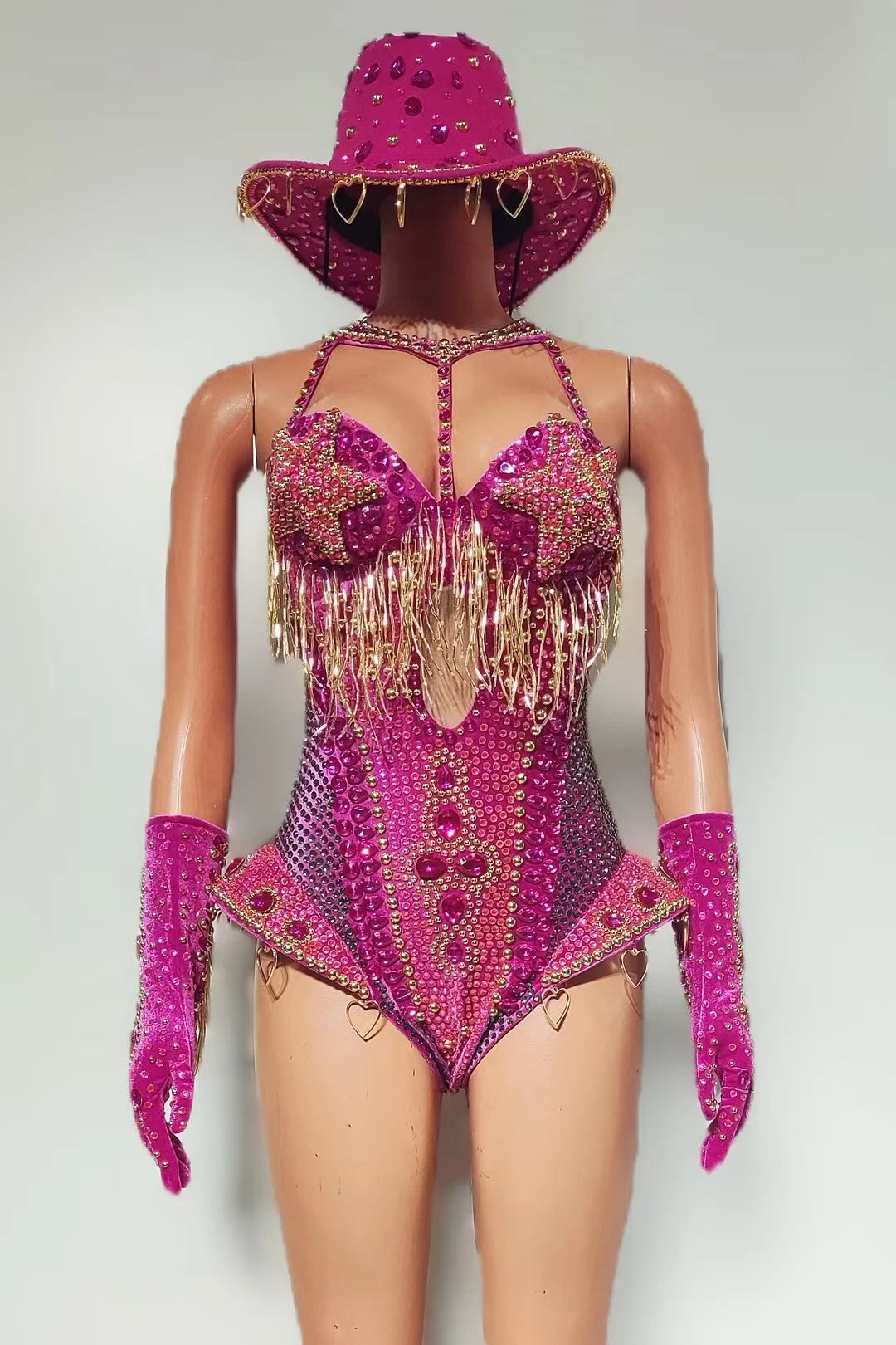 Women Sparkly Rhinestone Red Bodysuit 4Pieces Set Nightclub Party Stage Show Outfit Cabaret Carnival Showgirl Sexy Wear Hongding