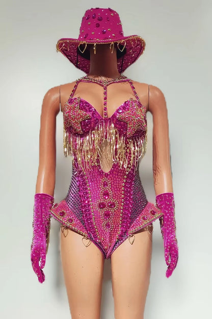 Women Sparkly Rhinestone Red Bodysuit 4Pieces Set Nightclub Party Stage Show Outfit Cabaret Carnival Showgirl Sexy Wear Hongding