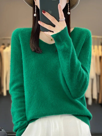 Fashion100% Merino Wool Sweater Cashmere  Pullover Women Knitwear V-Neck Long Sleeve  Autumn Winter Fashion Basic Clothing  Tops