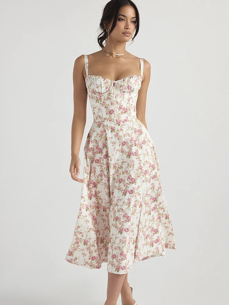 Sleeveless Floral Dress Casual Fashion Slim Fit Sexy Backless Hem Slit Vacation Travel Versatile Suspender Printing Dress