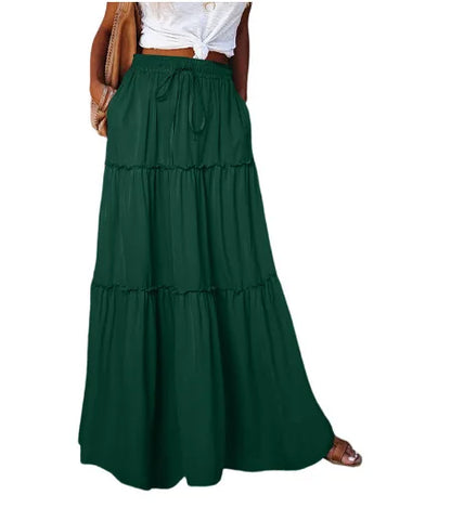 Women's Spring  Autumn New Long Skirt Solid Color Fashionable Mushroom Layered Skirt High Waist Elastic Ruffle Skirt