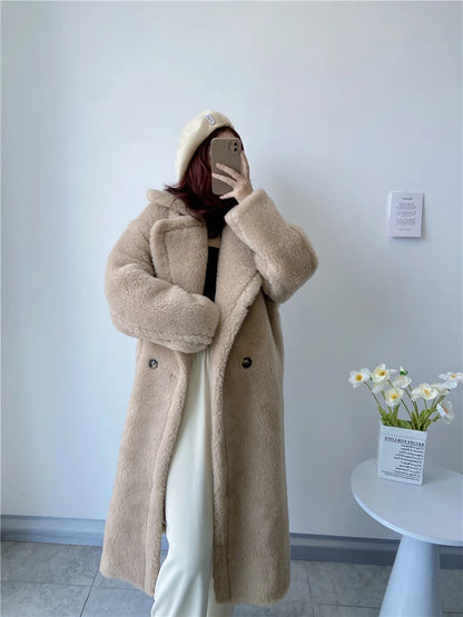 Winter Jacket Women Long Coat  Wool Woven Fabric Thick Warm Outerwear Oversize Fashion Streetwear Teddy Bear Coats