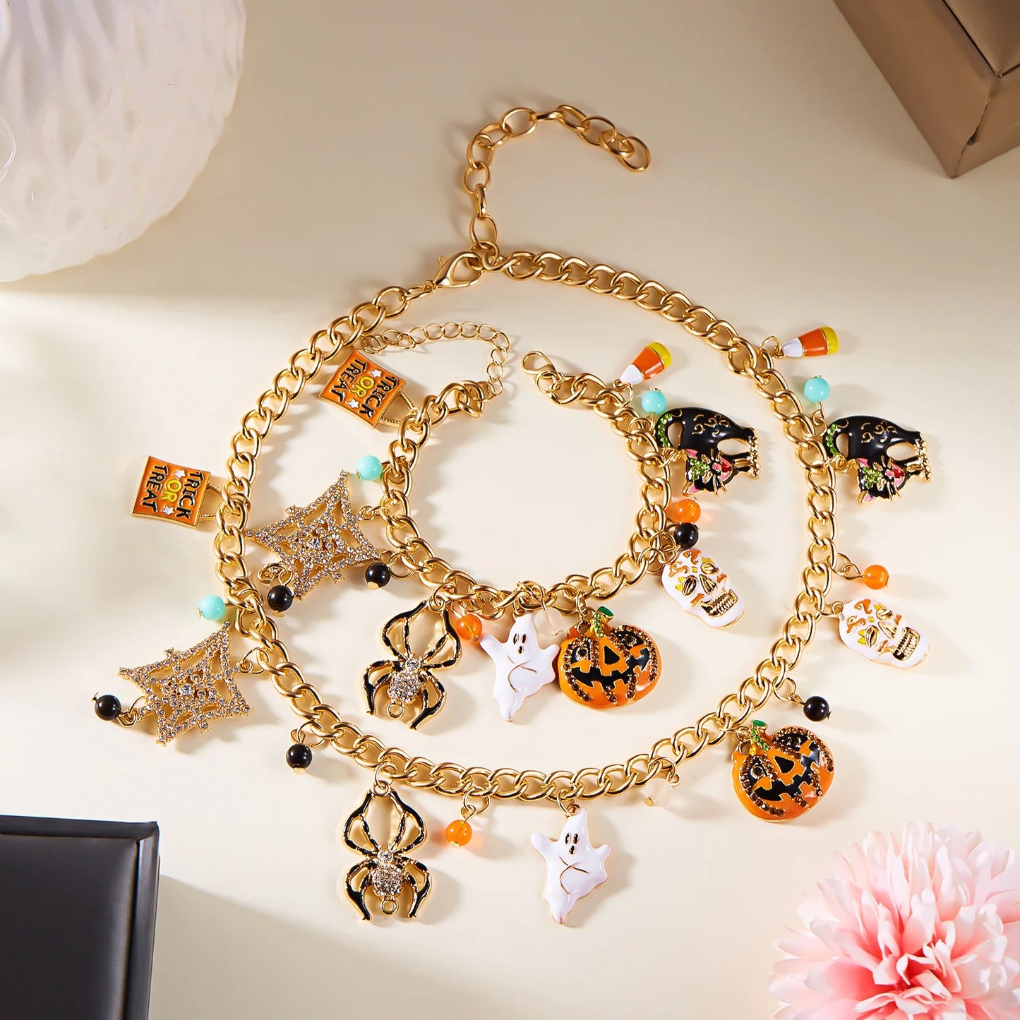 EtherealBe Halloween pumpkin necklace and bracelet set with colorful charms and gold chain for festive style