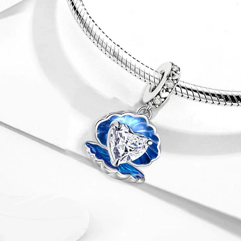 925 Sterling Silver Jellyfish Seahorse Blue Ocean Series Charms Beads Fit Diy Bracelet Making Gift of Fine Jewelry for Womens