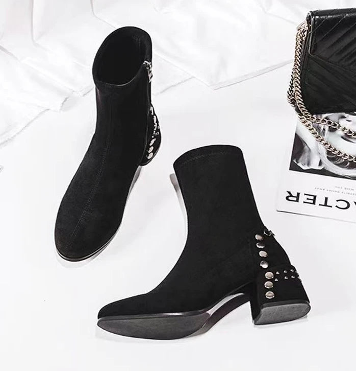 Mid Calf Round Toe Black Shoes For Women Ladies Boots Biker Footwear Studded Half High Gothic Hot Stylish And Low Price Pu