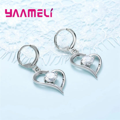 925 Sterling Silver Color Wedding Jewelry Sets for Women Love Heart Hollow Pendants Necklaces Earrings Clear Austrian Crystal