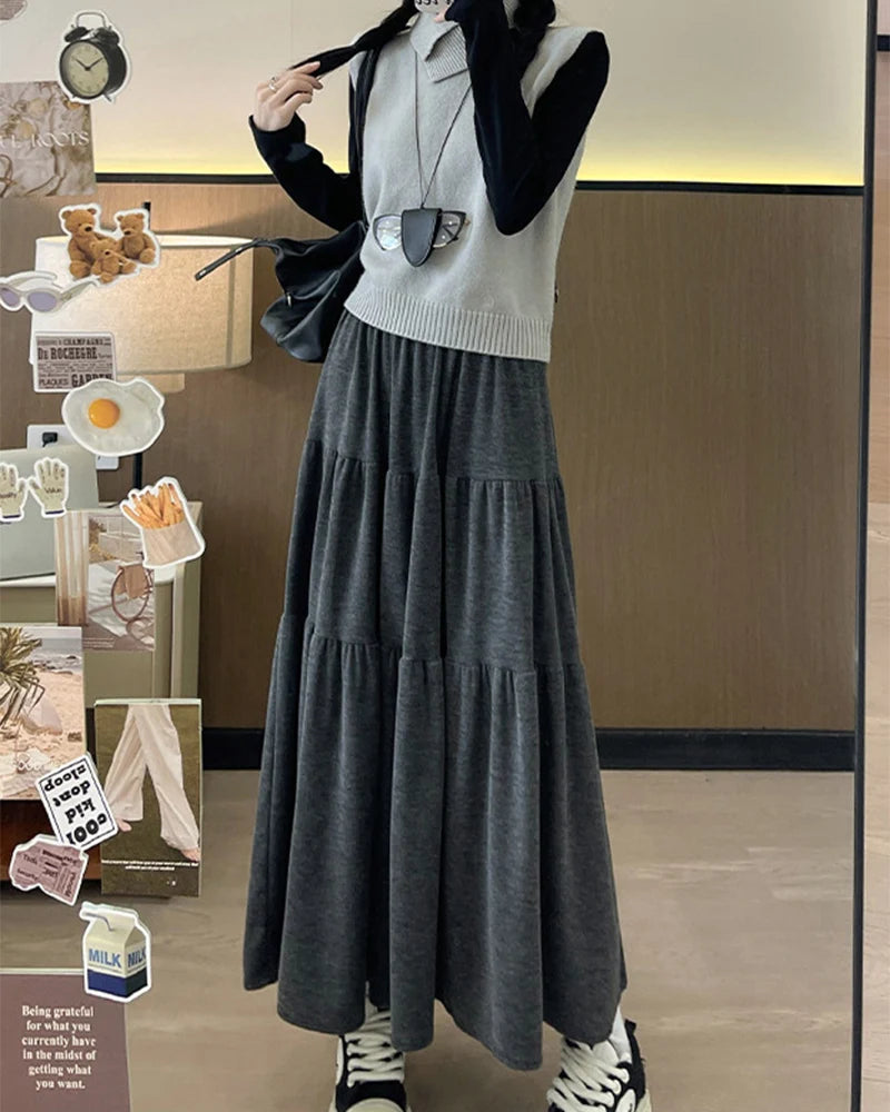 Autumn Casual Knit Pleated Skirt for Women Elegant Solid Color A Line Long Skirts Korean Streetwear High Waist Patchwork Skirt