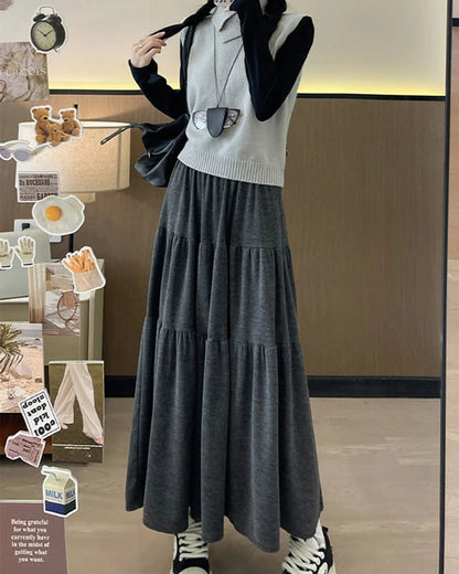 Autumn Casual Knit Pleated Skirt for Women Elegant Solid Color A Line Long Skirts Korean Streetwear High Waist Patchwork Skirt