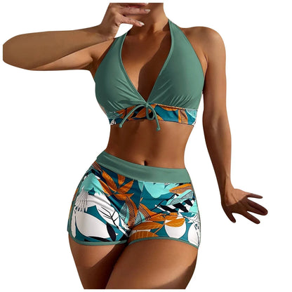 Women's Paneled Printed Swimsuit Ladies Fashion Sexy Split Boxer High Waist Swimsuit Two-Piece Set V-Neck Bathing Suits Female