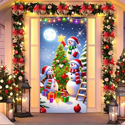 Christmas door casing, snowman decorated Christmas tree, washable to add joy, perfect holiday, entrance and outdoor party