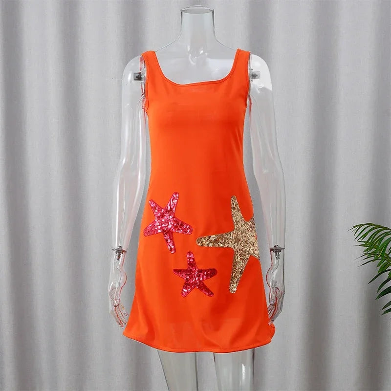 Prined Casual Women Star Mini Dress Fashion Sling Sleeveless Backless Pleat High Waist Robe 2025 New Female Beach Vacation Wear