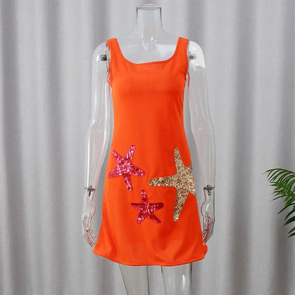 Prined Casual Women Star Mini Dress Fashion Sling Sleeveless Backless Pleat High Waist Robe 2025 New Female Beach Vacation Wear