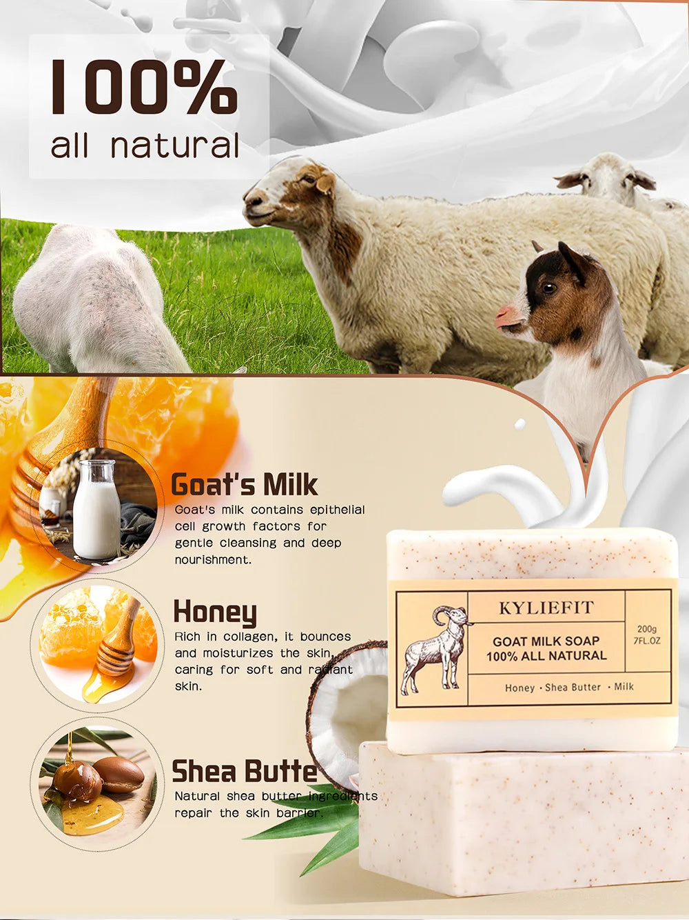 KYLIEFIT Goat Milk Soap Bar, 100% All Natural, Lightening, Cleaning, Moisturizing, With Honey, Shea Butter, Milk, 200g/ 7 oz