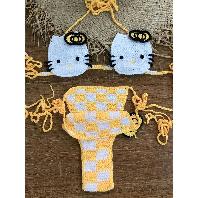Sanrio Crochet Bikini Set Cute Girls Swimsuits Hello Kitty Sexy Bathing Suit Micro Ties Bikinis Beachwear Women Swimming Suit