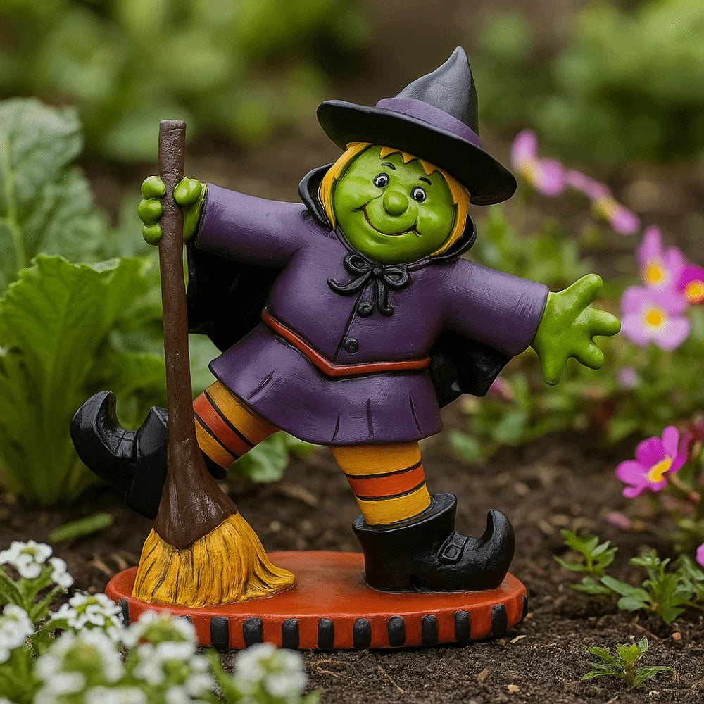 EtherealBe Halloween witch figurine with green skin, orange striped stockings, and a broom in a garden setting