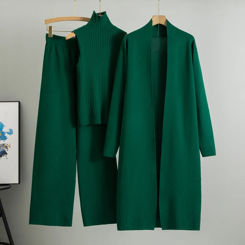 2025 Winter And Autumn Fashionable Elegant Women's Knitted 3-Piece Set cardigan Women's Sweater Women's Wide Leg Pants