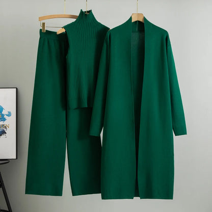 2025 Winter And Autumn Fashionable Elegant Women's Knitted 3-Piece Set cardigan Women's Sweater Women's Wide Leg Pants