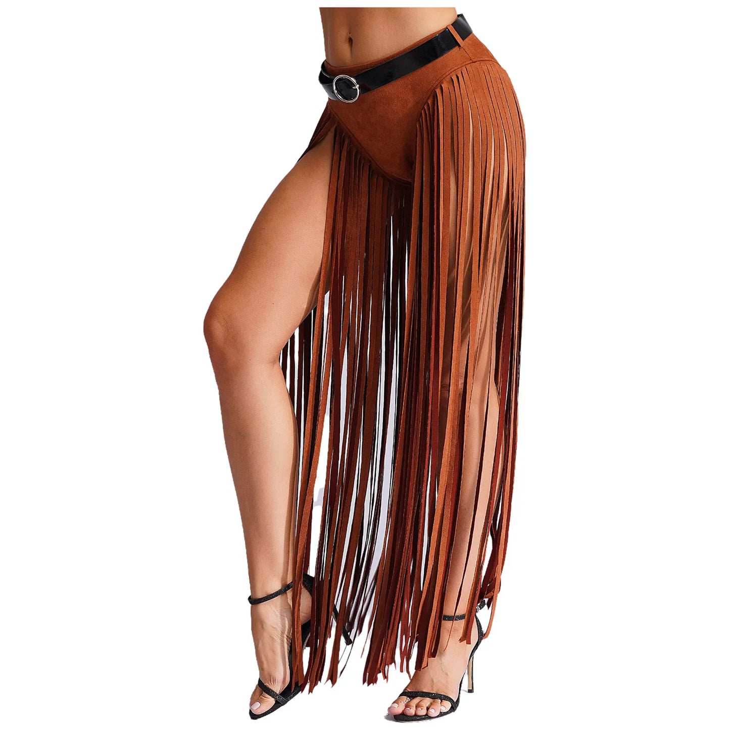 Womens Hippy Cosplay Costume High Waist Suede Underwear with Long Tassels And Belt Halloween Dress Up 70s Disco Costume
