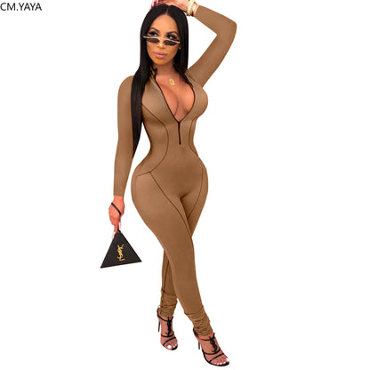 New Autumn Women Zipper Up Striped Splicing Long Sleeve Bodycon Moto Biker Jumpsuit Sexy Club Night Party Romper Playsuit GL9371