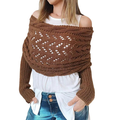 〔CC88〕Autumn and Winter Long Shawl Knitted Hollow Out Fashion Casual Wraps Shoulder Sweater Scarf with Lengthened Double Sleeves