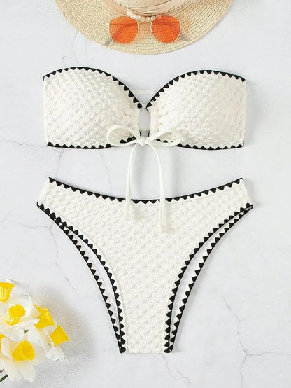 Swimwear White 2 Piece Strapless Swimsuit for Women Sexy Bandeau Backless Bikini Set Lace-up Patchwork Bathing Suit 2025 New