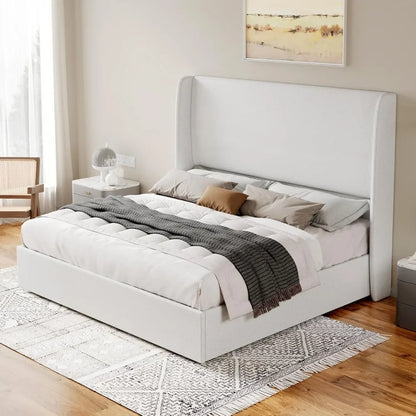 Lift Up Storage Bed  Linen Upholstered Platform Bed Frame/Hydraulic Storage/Modern Wingback Headboard/No Box Spring Needed