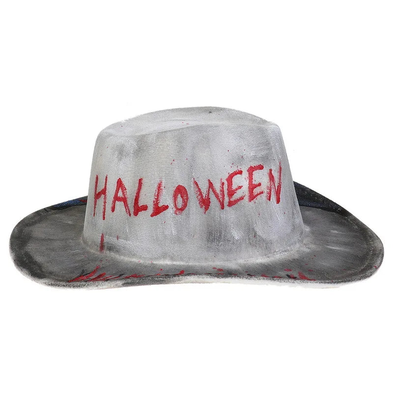 EtherealBe Halloween cowboy hat for adults with a spooky grey and red design