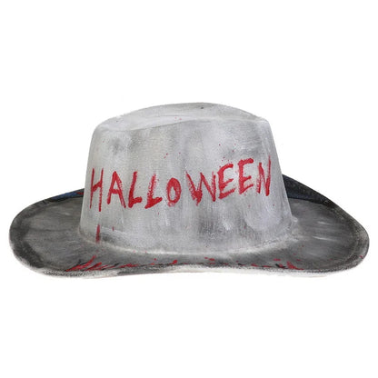 EtherealBe Halloween cowboy hat for adults with a spooky grey and red design