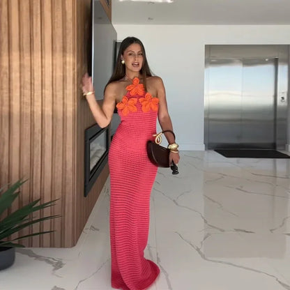 Sexy Crochet Hollow Out Long Halter Dress Women 3D Flower Backless Sleeveless Beach Dresses 2025 Summer Lady Vacation Robes New