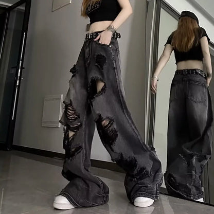 Ripped jeans for women in summer, cool, old high street American wide-leg pants loose and versatile straight trousers y2k jeans