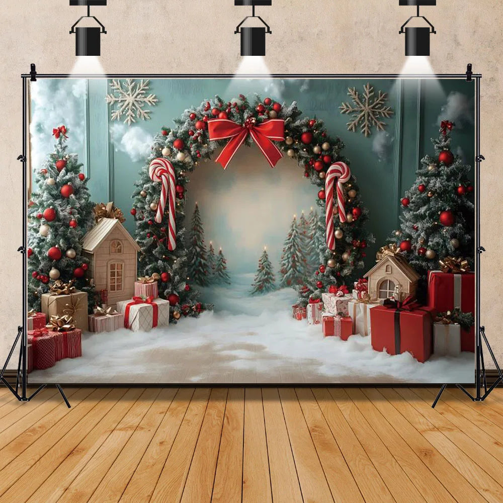 North Pole Christmas Backdrop Winter Village Town Xmas Tree Snowman Photography Background Family Xmas Eve Party Decor Banner