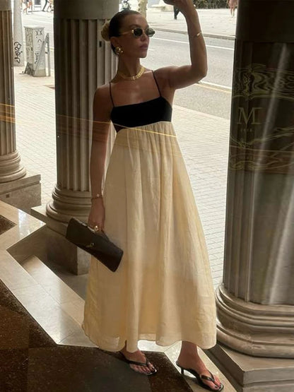 Contrast Loose Sling Women Dresses Sleeveless Backless Square Collar Female Dress 2024 Fashion High Waist Summer Sexy Lady Robe