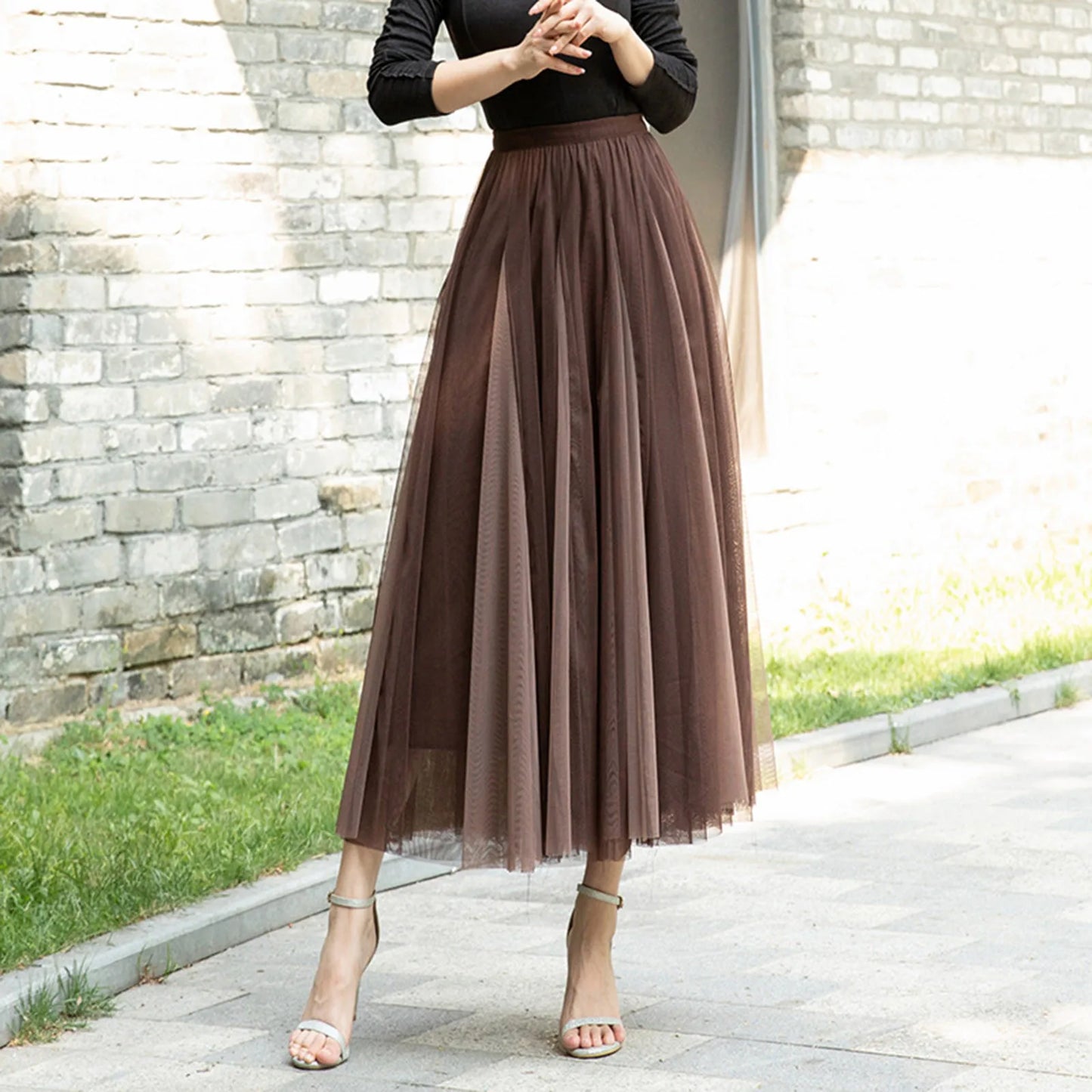 Women Color Block A-line Skirt Mid Length Drape Feeling High Waist Slim Mesh Skirts Carnival Festival Party Performance Costume