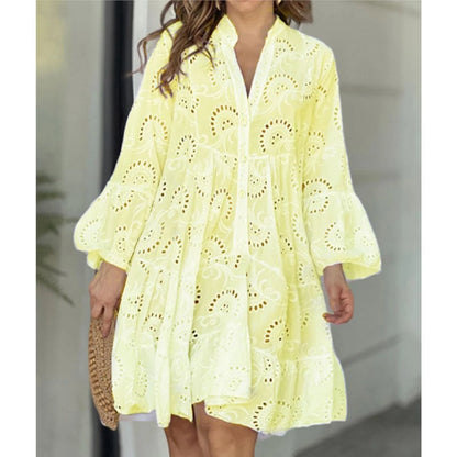 Plus Size S-5XL Hollow Out Dresses for Women Summer Elegant Solid Embroidered Lace Dress Loose Holiday Beach Mini Dress White