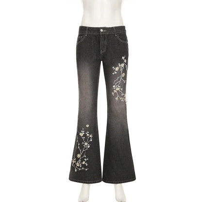 Weekeep Floral Embroidery Jeans Vintage 2000s Low Rise Flared Jeans Women Retro y2k Baggy Denim Pants High Street Basic Trousers