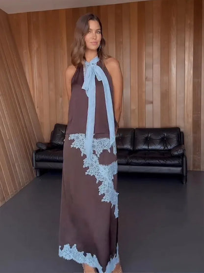 Contrast Patchwork Lace Maxi Skirt Suit Women Satin V-neck Sleeveless Skirts Suits 2025 Lady Summer Casual Daily 2 Pieces Set