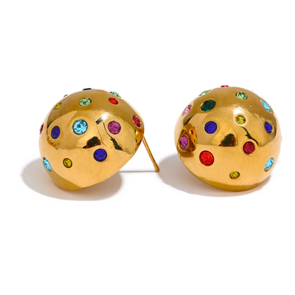 Yhpup Colorful Bling Cubic Zirconia Stainless Steel Half Round Half Empty Stud Earrings High-Grade Luxury Trendy Jewelry Gift