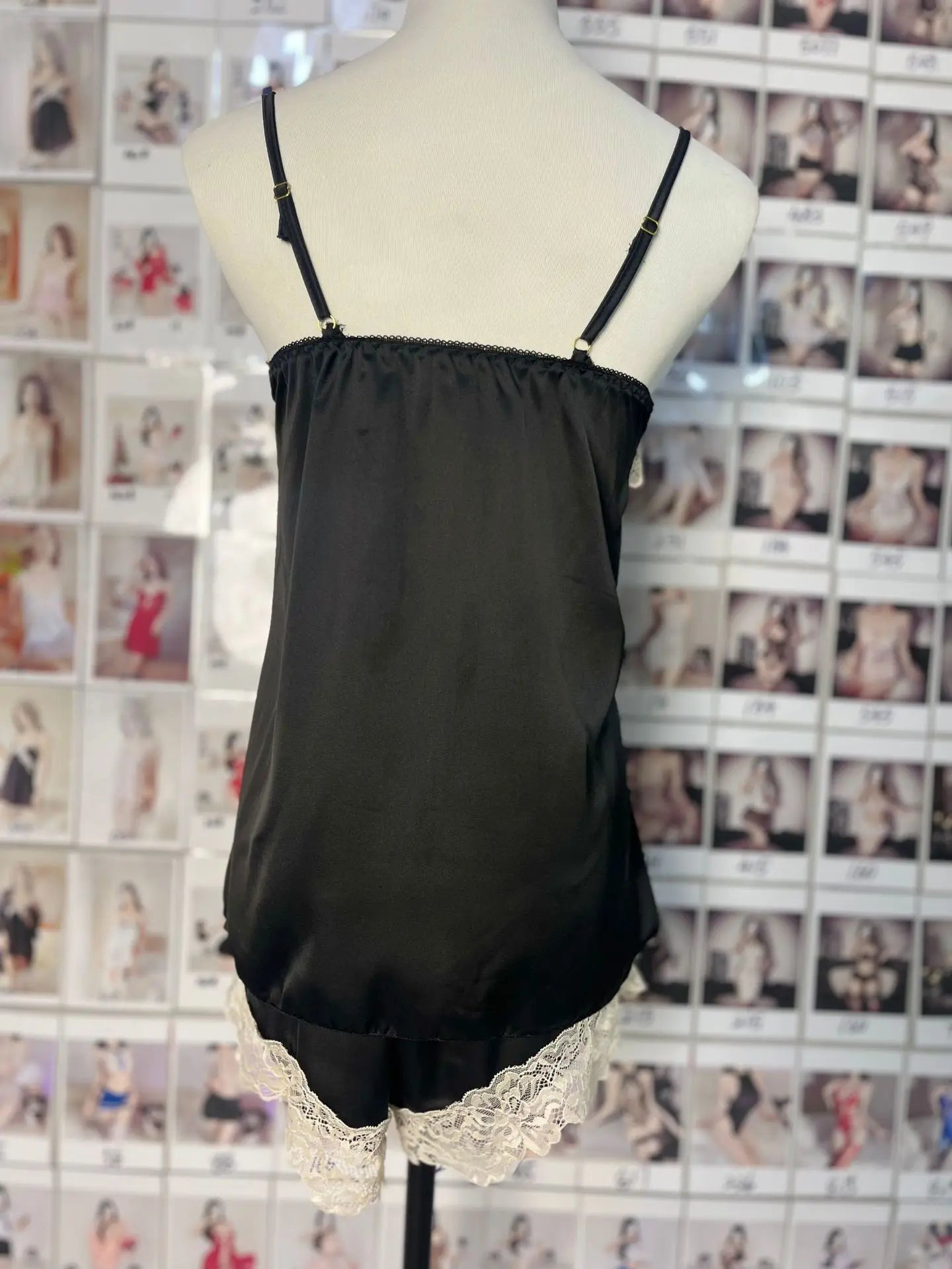 Womens Sexy Satin Pajama Set Lace Trim Cami Top Shorts Lingerie Sleepwear Silky Black Cream V Neck Spaghetti Strap Two Piece