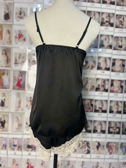 Womens Sexy Satin Pajama Set Lace Trim Cami Top Shorts Lingerie Sleepwear Silky Black Cream V Neck Spaghetti Strap Two Piece