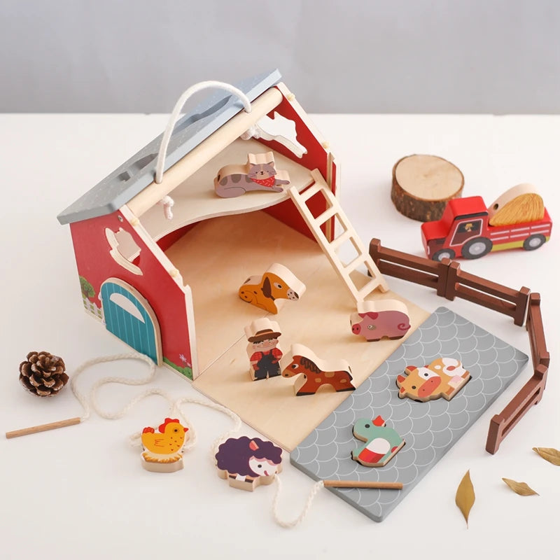 Children Montessori Wooden Toys Dinosaur Car Animal Park Barn Toy Wooden Stacking Game Kid Educational Toy Christmas Gift