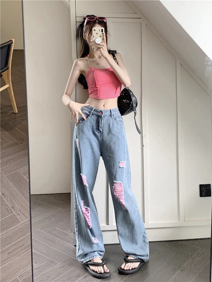 Jeans Women Ripped Niche Design 2025 Summer New High-waisted Slimming Loose Casual Straight Wide-leg Pants
