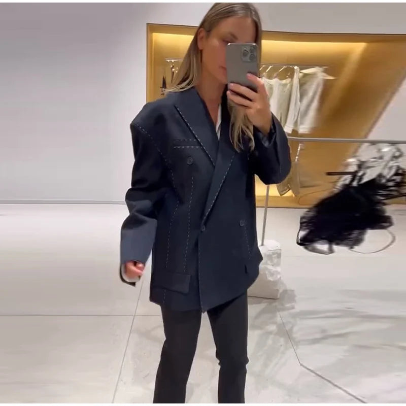 Casual Loose Women's Blazer Pant Suits Lapel Doube-Breasted Top Straight Pants Lady Set 2025 Autumn New 2 Pieces Set Women