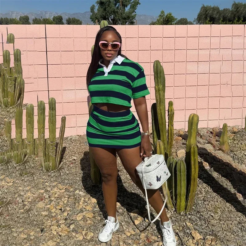 Sporty Fitness Striped Print 2 Pieces Set for Woman Streetwear Casual Turn-down Collar Shirt Crop Top and Mini Skirt Sets Summer