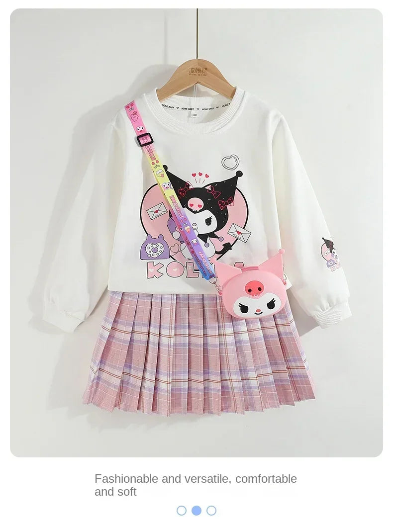 Kids Clothes Set Spring Autumn Children Kuromi Long Sleeved Sweater Tops+Checkered Pleated Skirt 2pce Teen Girls Preppy Clothing