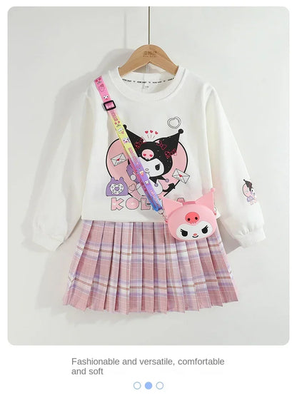 Kids Clothes Set Spring Autumn Children Kuromi Long Sleeved Sweater Tops+Checkered Pleated Skirt 2pce Teen Girls Preppy Clothing