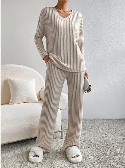 Two-piece Set Female 2024 Fall New Fashion Casual Straight Pants Temperament Loose V-neck Pit-stripe Knitting Women's Clothes