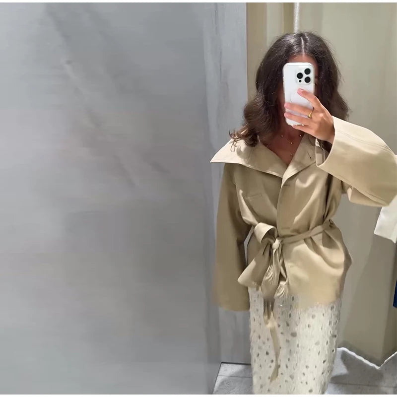 Belted Waist Cropped Trench Double Breasted Stand Collar 2025 Autumn Chic Elegant Women Coat Casual Vintage Office Lady Jacket