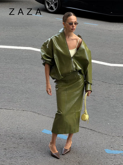 Vintage Solid Pu Leather Jacket Skirt Set High Neck Coat Slim Fit Long Skirt Coats Skirt Sets 2025 New Autumn Winter Lady Outfit