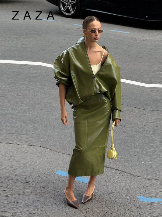 Vintage Solid Pu Leather Jacket Skirt Set High Neck Coat Slim Fit Long Skirt Coats Skirt Sets 2025 New Autumn Winter Lady Outfit